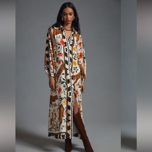 FARM Rio Cream and Brown Buttoned Maxi Dress with Notched Collar